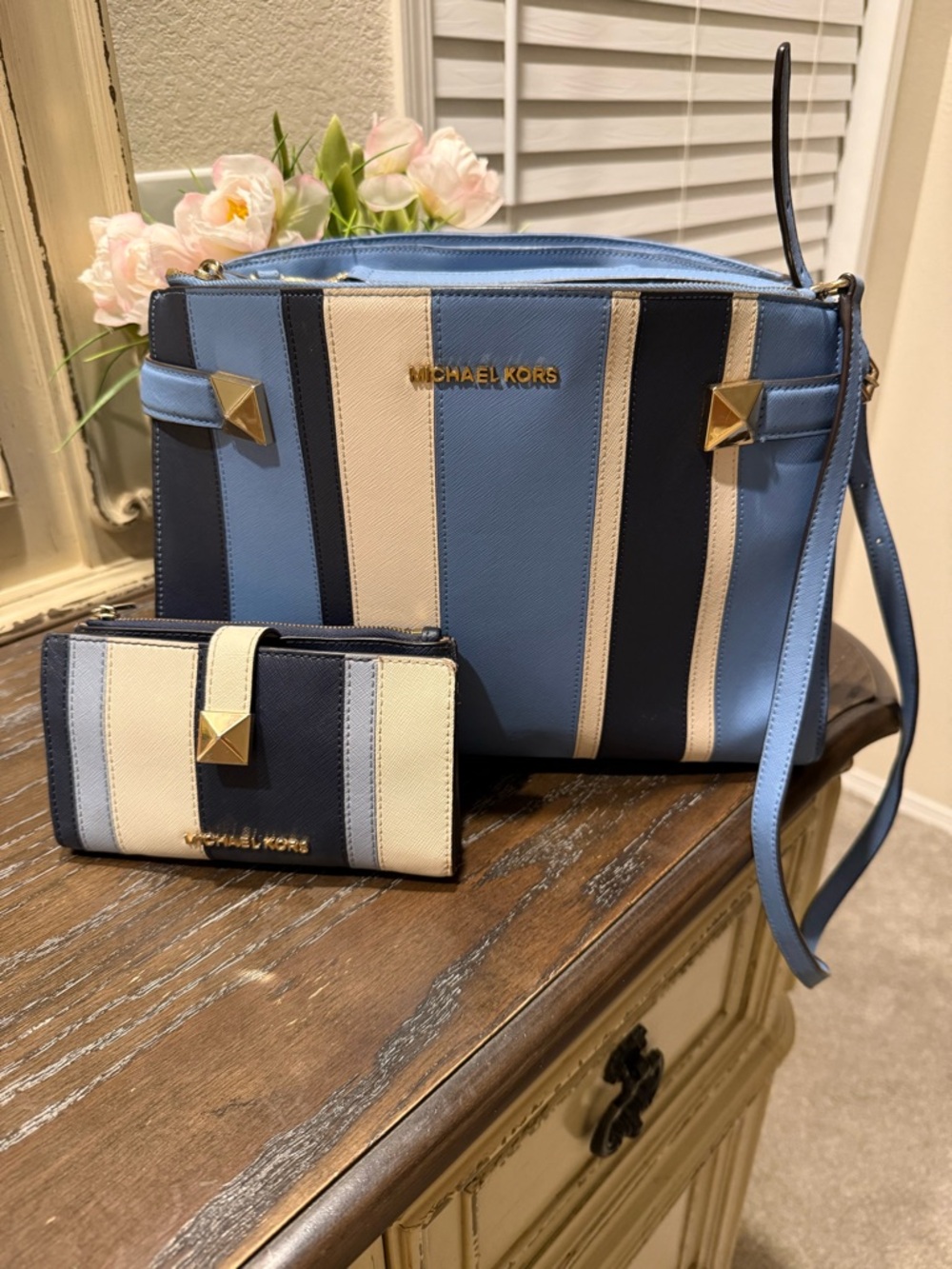 Michael Kors Blue, Navy & Cream Striped Crossbody with Matching Wallet